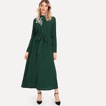 Romwe Flower Embroidered Mock Neck Belted Dress