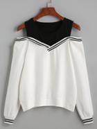 Romwe Black Varsity Striped Contrast Open Shoulder Sweatshirt