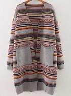 Romwe Grey Tribal Pattern Front Pocket Drop Shoulder Sweater Coat