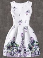 Romwe White Flower Print Fit & Flare Sleeveless Dress