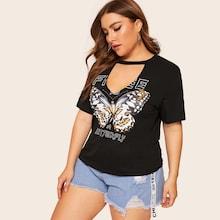 Romwe Plus Butterfly And Letter Print Tee