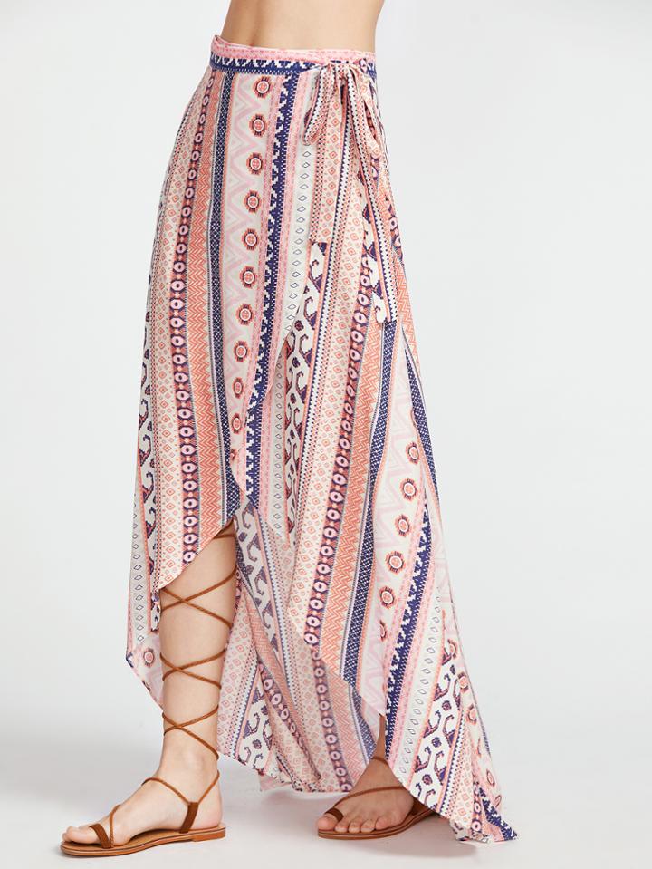 Romwe Tribal Print High Low Wrap Skirt