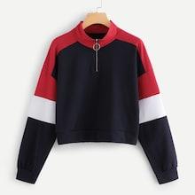 Romwe Zip Decoration Cut And Sew Panel Sweatshirt