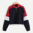 Romwe Zip Decoration Cut And Sew Panel Sweatshirt