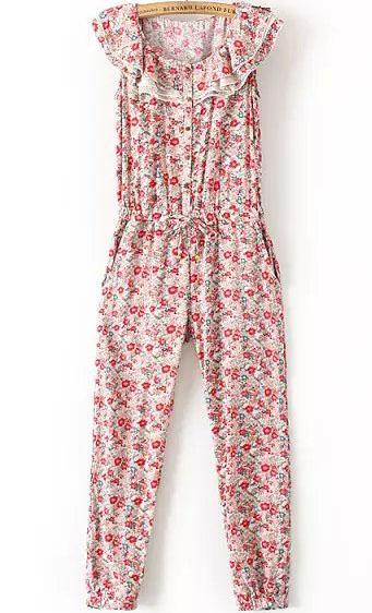 Romwe Sleeveless Ruffle Florals Drawstring Jumpsuit