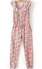 Romwe Sleeveless Ruffle Florals Drawstring Jumpsuit
