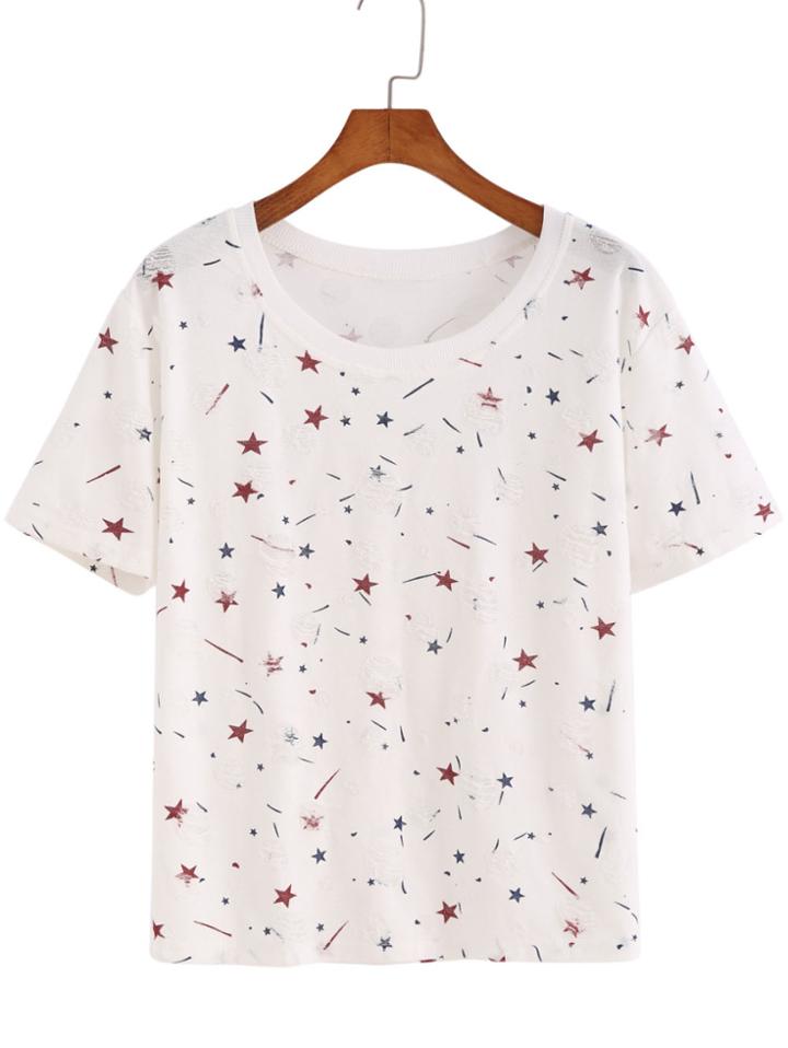 Romwe Stars Print Ripped T-shirt
