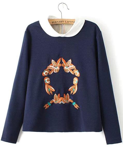 Romwe Lapel Embroidered Crop Navy Sweatshirt
