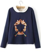 Romwe Lapel Embroidered Crop Navy Sweatshirt
