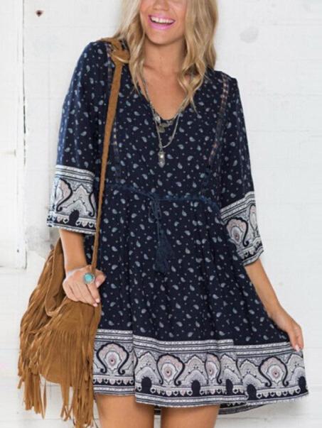 Romwe Navy V Neck Aztec Oversized Shift Dress