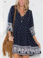Romwe Navy V Neck Aztec Oversized Shift Dress