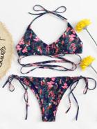 Romwe Tropical Print Cross Wrap Bikini Set