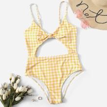 Romwe Gingham Cut-out Knot One Piece Swimsuit