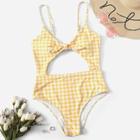 Romwe Gingham Cut-out Knot One Piece Swimsuit