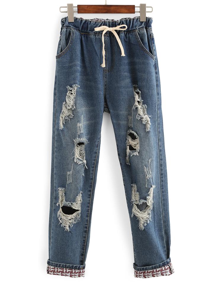 Romwe Ripped Drawstring Waist Jeans