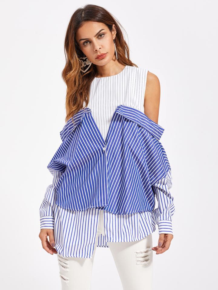 Romwe Contrast 2 In 1 Convertible Blouse