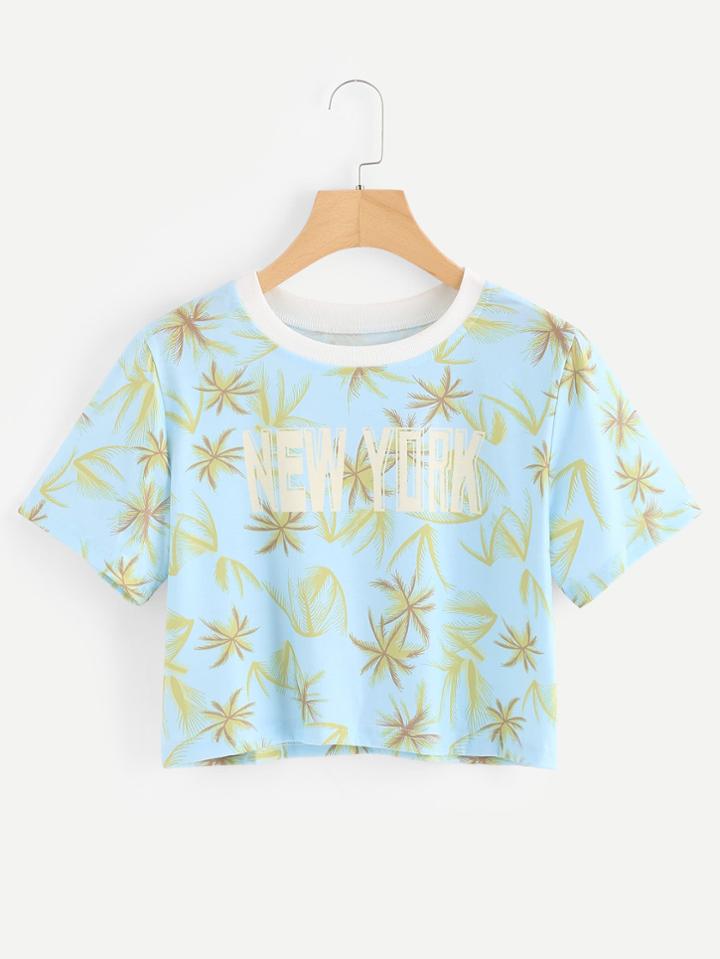 Romwe Coconut Leaf Print Crop Tee