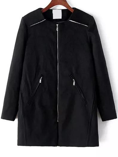 Romwe Round Neck Zipper Woolen Black Coat