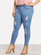 Romwe Pearl Detail Ripped Tapered Jeans