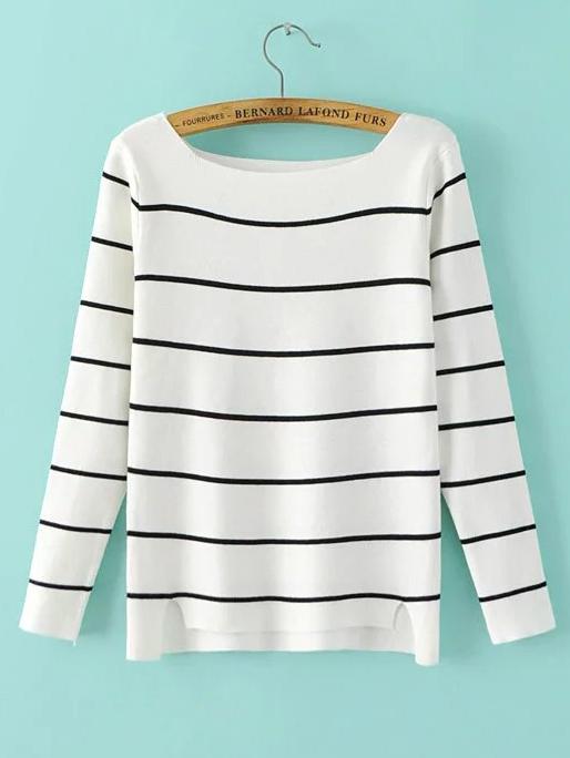 Romwe White Striped Dip Hem Sweater