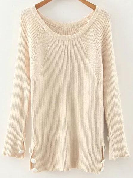 Romwe White Button Detail Raglan Sleeve Sweater