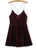 Romwe Burgundy Spaghetti Strap Cross Back Velvet Romper