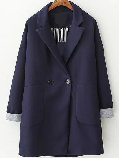 Romwe Lapel Long Sleeve Pockets Navy Coat