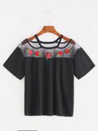 Romwe Rose Patch Mesh Yoke Cutout Strappy T-shirt
