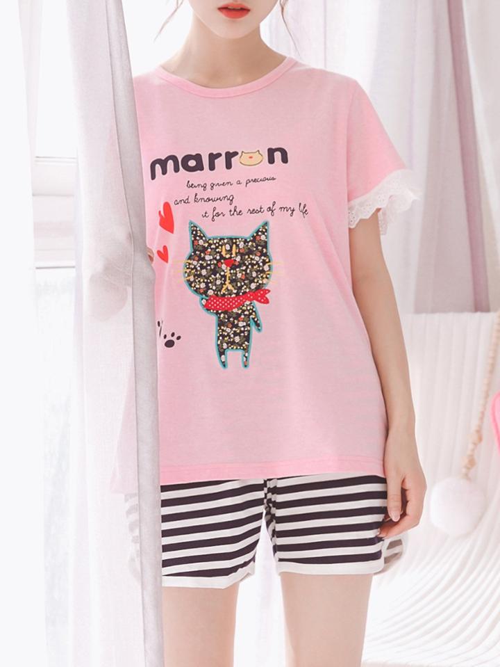 Romwe Cat Print Tee & Striped Shorts Pj Set