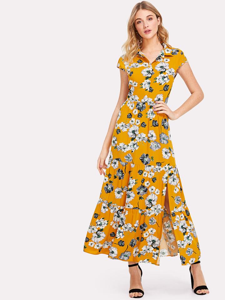 Romwe Flower Print Cutout Back Tiered Shirt Dress
