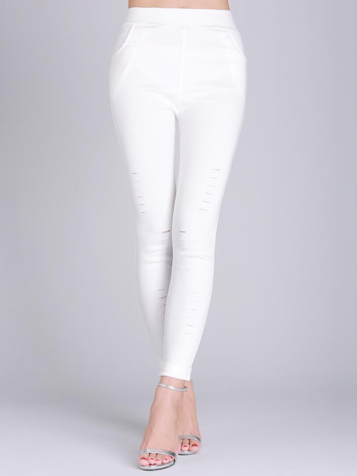 Romwe Elastic Waist Ripped Slim White Leggings