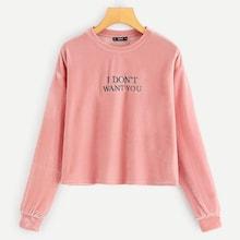 Romwe Drop Shoulder Letter Velvet Pullover
