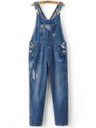 Romwe Blue Ripped Front Pocket Overall Jeans