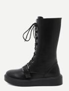 Romwe Black Faux Leather Lace Up Buckle Strap Mid Calf Boots