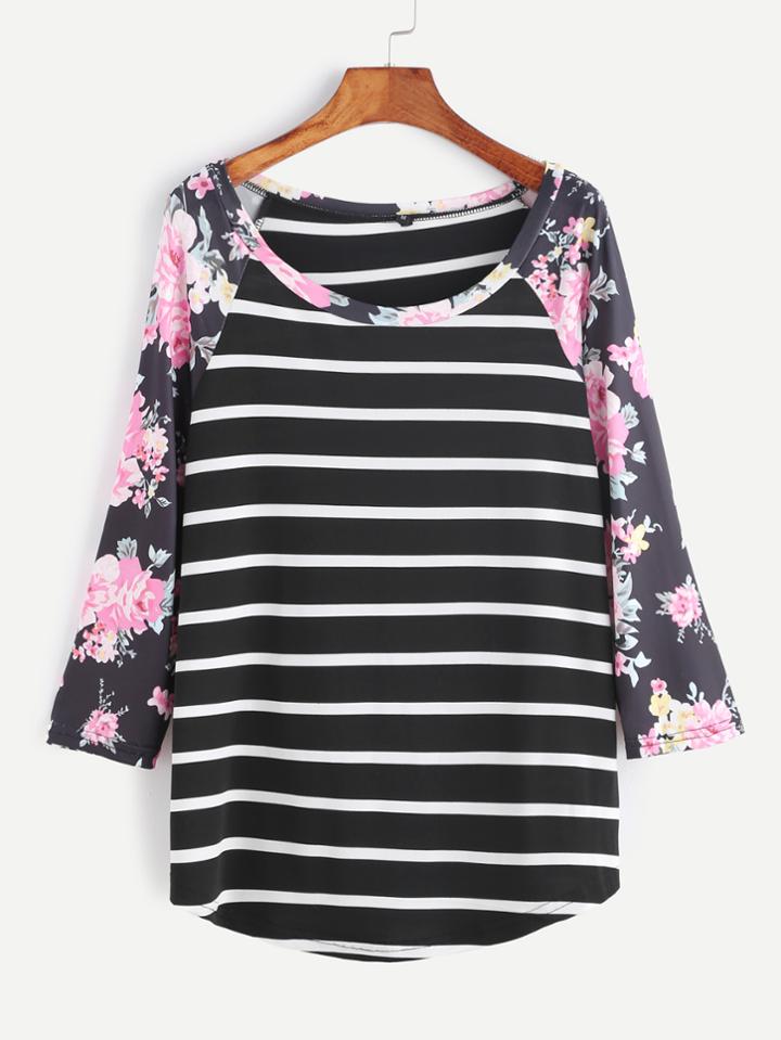 Romwe Contrast Raglan Sleeve Striped T-shirt