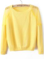 Romwe Sheer Mesh Shoulder Crop Yellow Sweater