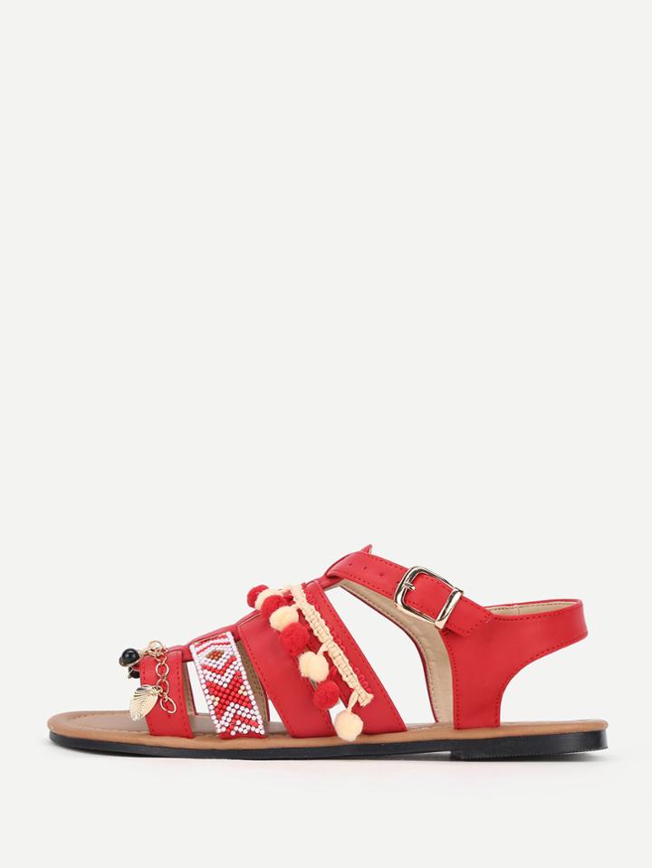 Romwe Pom Pom Detail Flat Sandals