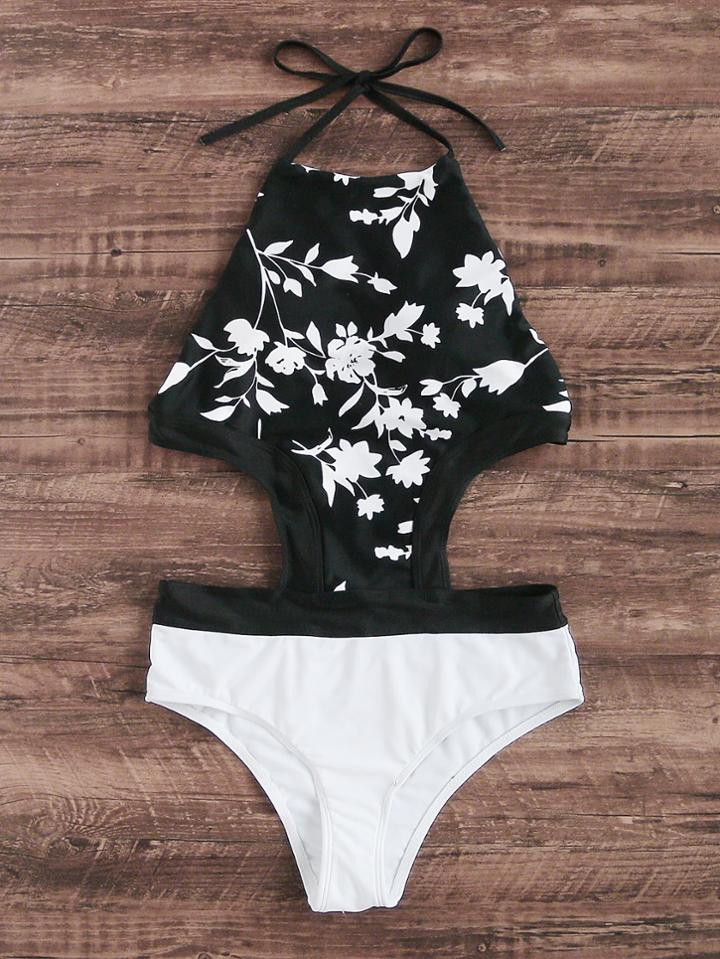 Romwe Calico Print Two Tone Halter Monokini