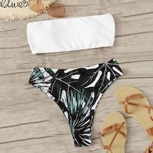 Romwe Bandeau With Palm Print High Leg Bikini Set