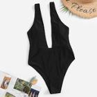 Romwe Plunging Neck Solid One Piece Swimsuit