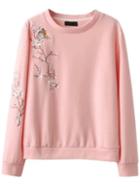 Romwe Pink Plum Embroidery Casual Sweatshirt