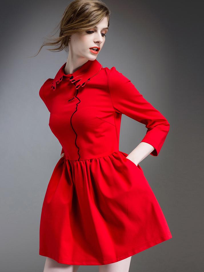 Romwe Red Lapel Length Sleeve Pockets Embroidered Dress