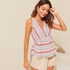 Romwe V-back Pompom Hem Striped Wrap Tank Top