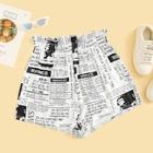 Romwe Plus Newspaper Print Frill Waist Shorts