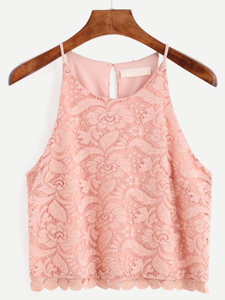 Romwe Pink Embroidered Lace Cami Top