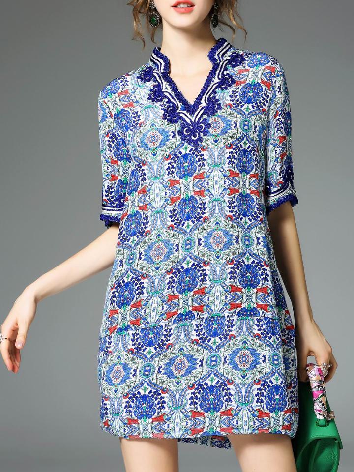 Romwe Blue V Neck Disc Flowers Print Dress