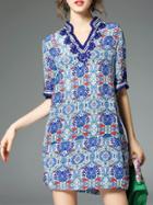 Romwe Blue V Neck Disc Flowers Print Dress