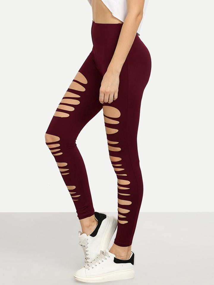 Romwe Burgundy Cut Out Elastic Waist Leggings
