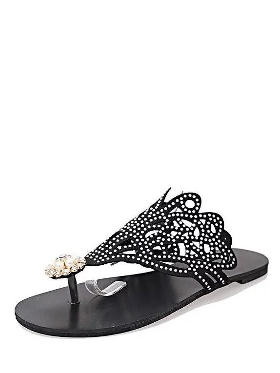Romwe Faux Pearl Cut Out Flat Sandals