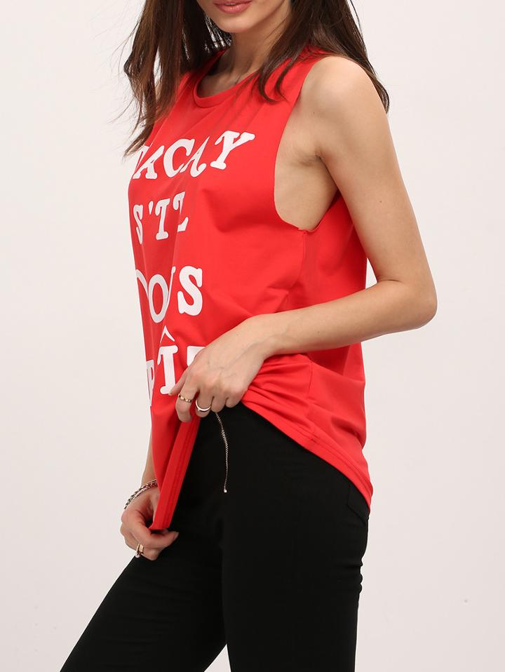 Romwe Red Sleeveless Letter Print Casual T-shirt